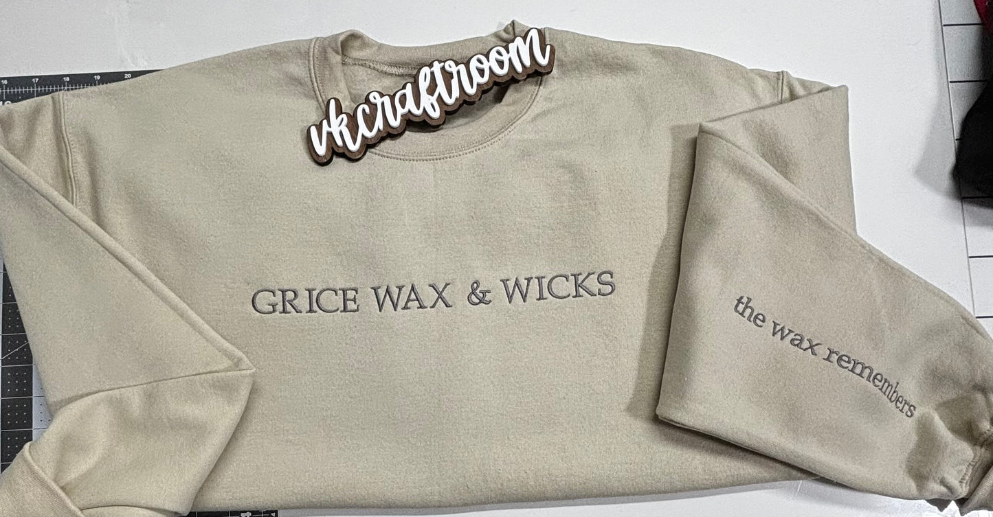Grice Wax & Wicks Sweatshirt, Custom Sweatshirt, Embroidered Sweatshirt, Custom Logo Sweatshirt