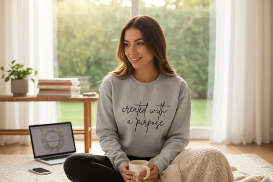 Lifestyle image of a woman wearing a gray Created with a Purpose crewneck sweatshirt with black script lettering