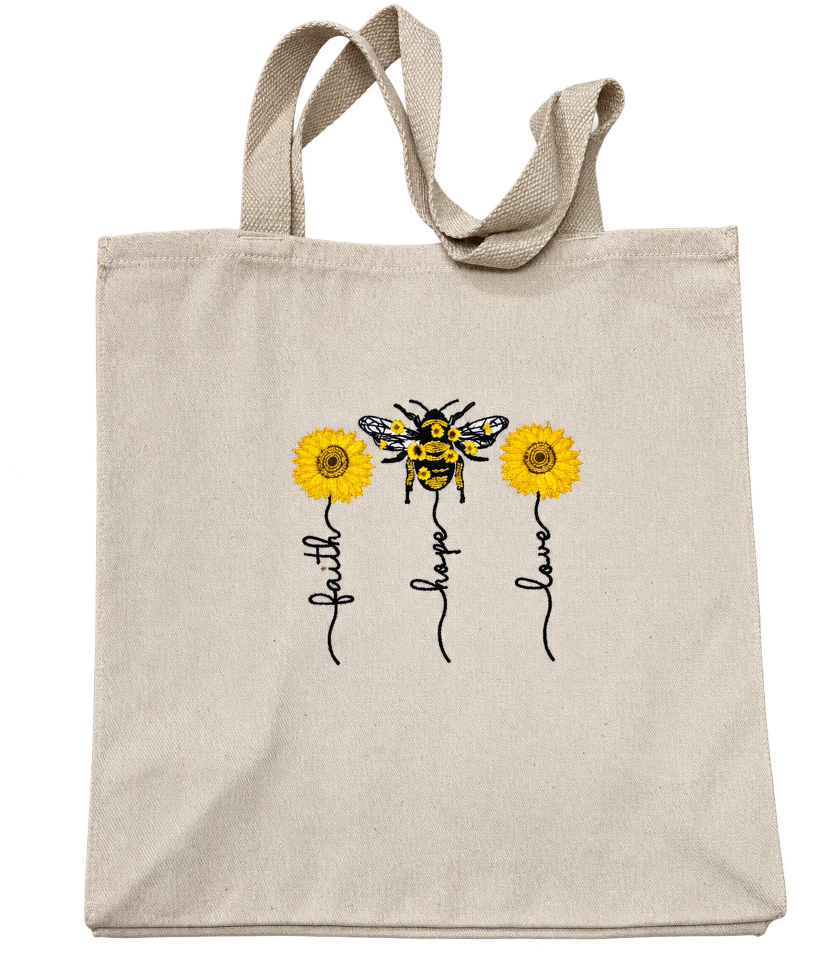 Faith Hope Love embroidered beige tote with yellow sunflowers and a bee