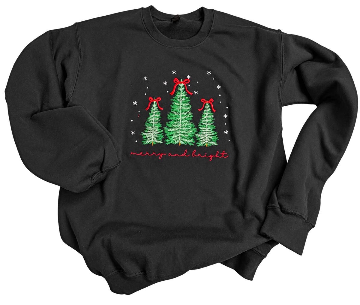 Black Merry and Bright Christmas sweatshirt with embroidered trees, red bows and snowflakes