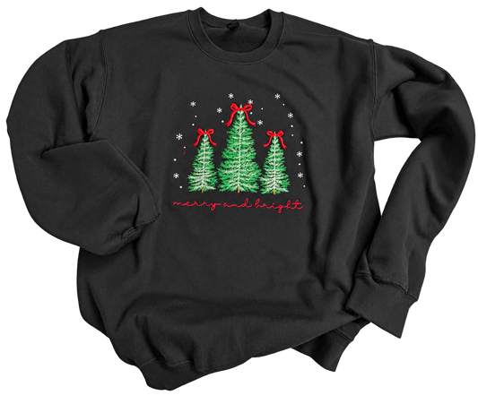 Black Merry and Bright Christmas sweatshirt with embroidered trees, red bows and snowflakes