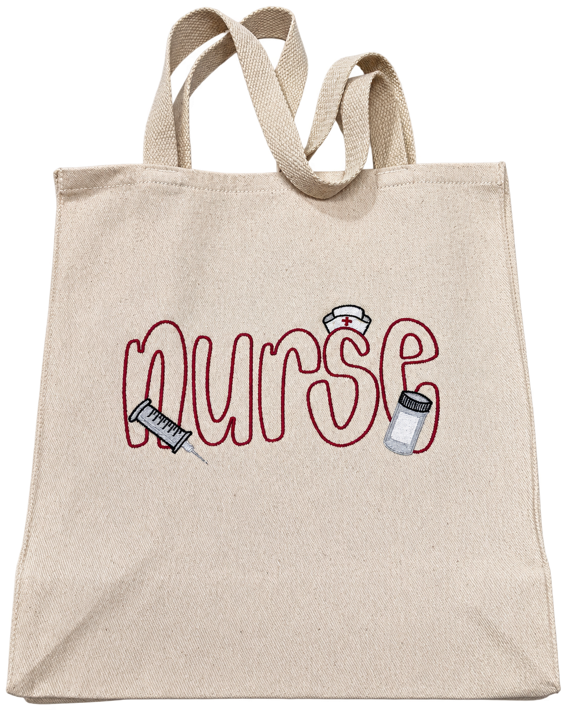Beige Nurse embroidered tote bag with maroon lettering and medical-themed details