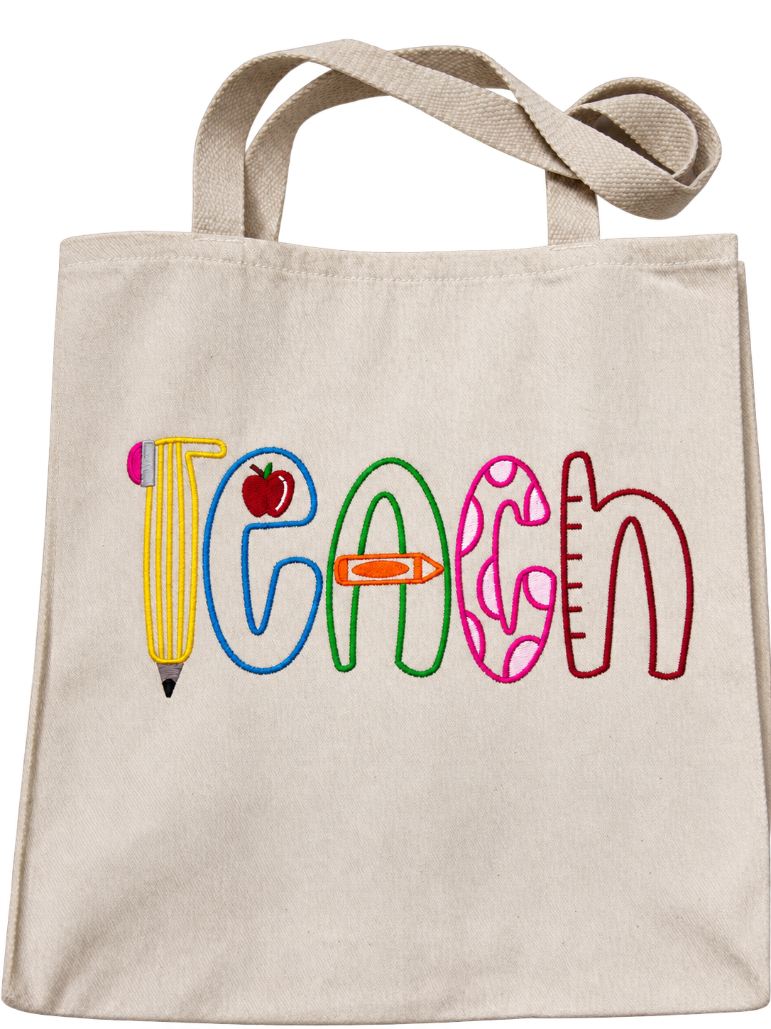 Beige teacher tote bag with colorful TEACH embroidery