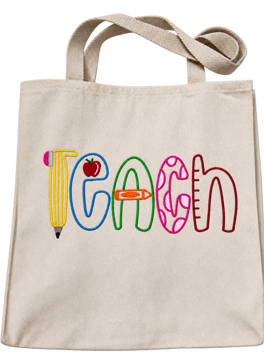 Beige teacher tote bag with colorful TEACH embroidery